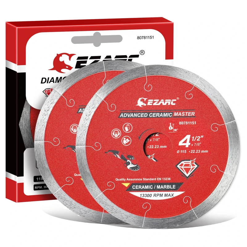 EZARC 115mm Diamond Cutting Discs, Continuous Rim Diamond Blade for Wet Cutting, Clean Precise Cutting on Ceramic, Tile, Porcelain, Advanced Marble (2-Pack)