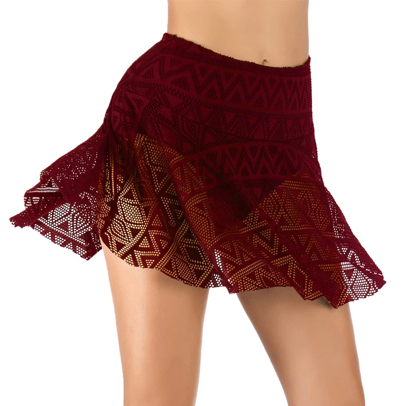 semen Womens Lace Crochet Swim Skirt Bikini Bottoms Swimsuit Shorts Skort Swimdress Wine Red