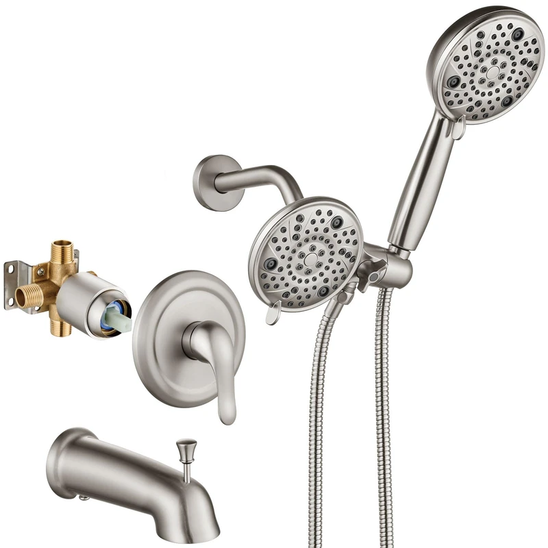 Aolemi Tub Shower Faucet Set Dual 8 Mode Head Valve Kit Brushed Nickel