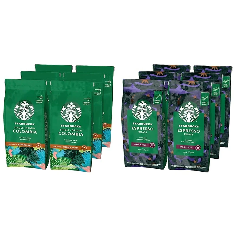STARBUCKS Single-Origin Colombia Medium Roast Ground Coffee, 200 g (Pack of 6) & Espresso Roast, Dark Roast, Whole Bean Coffee 200g (Pack of 6)