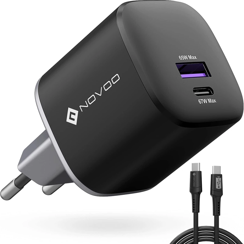 NOVOO 67W USB C Charger 2 Ports GaN Ⅰ Fast Compact Wall Charger for MacBook Pro/Air, iPad Pro, Pixel 7, ThinkPad, Dell XPS 13, Steam Deck