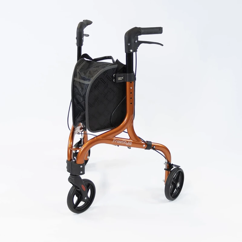 NRS Healthcare Modern Folding Ultra Lightweight 5 kg (11lb) 3 Wheeled Freestyle Rollator, Locking Brakes, Height Adjustable, Removable Bag – S23459, Orange