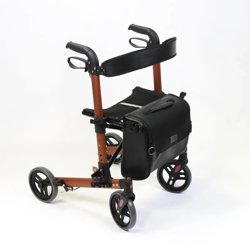 NRS Healthcare Compact Easy Lightweight Folding 4 Wheeled Rollator Walking Aid with Seat, Backrest and Removable Bag, Red