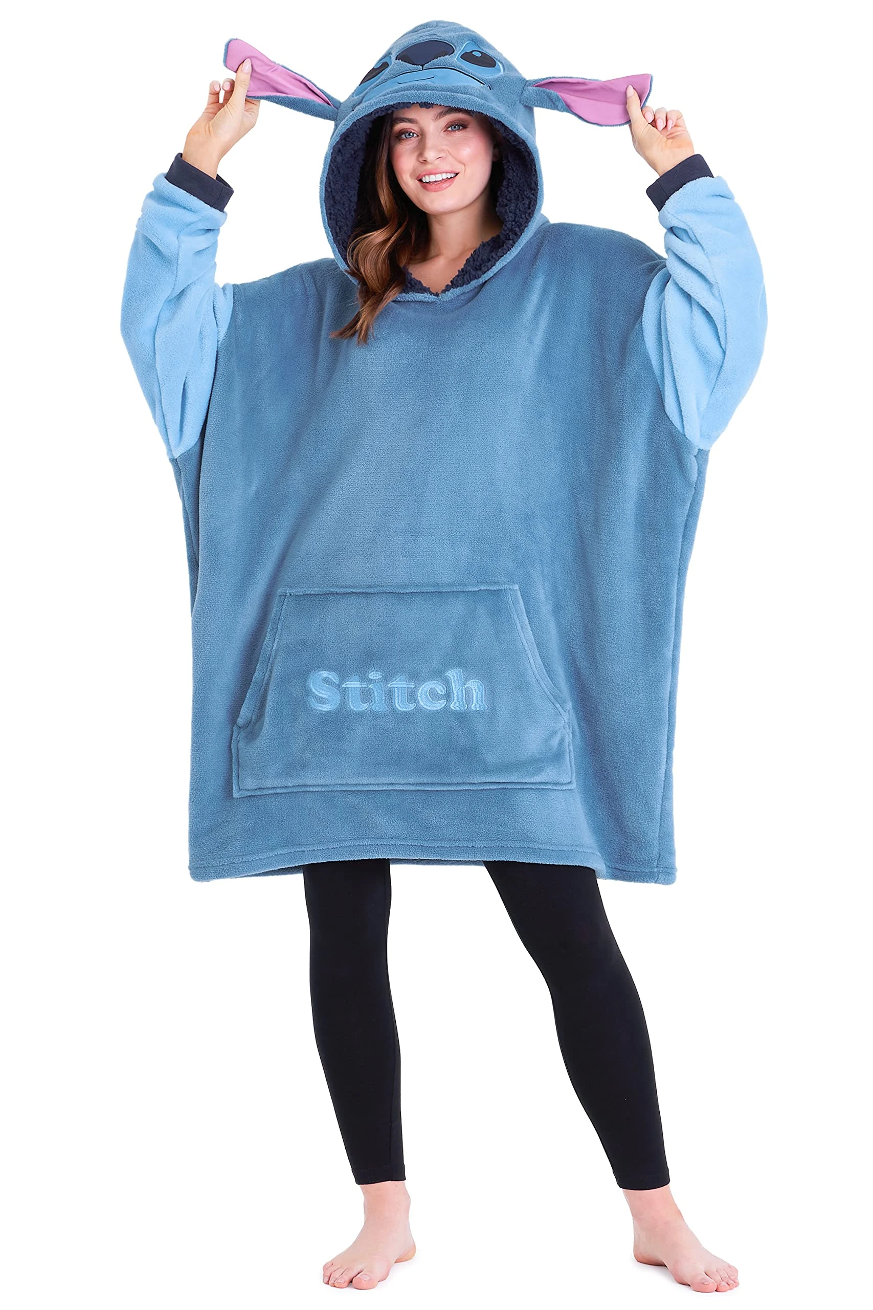 Disney Fleece Hoodie for Adults and Teenagers Oversized Hooded Poncho One Size - Stitch Gifts (Blue Stitch)