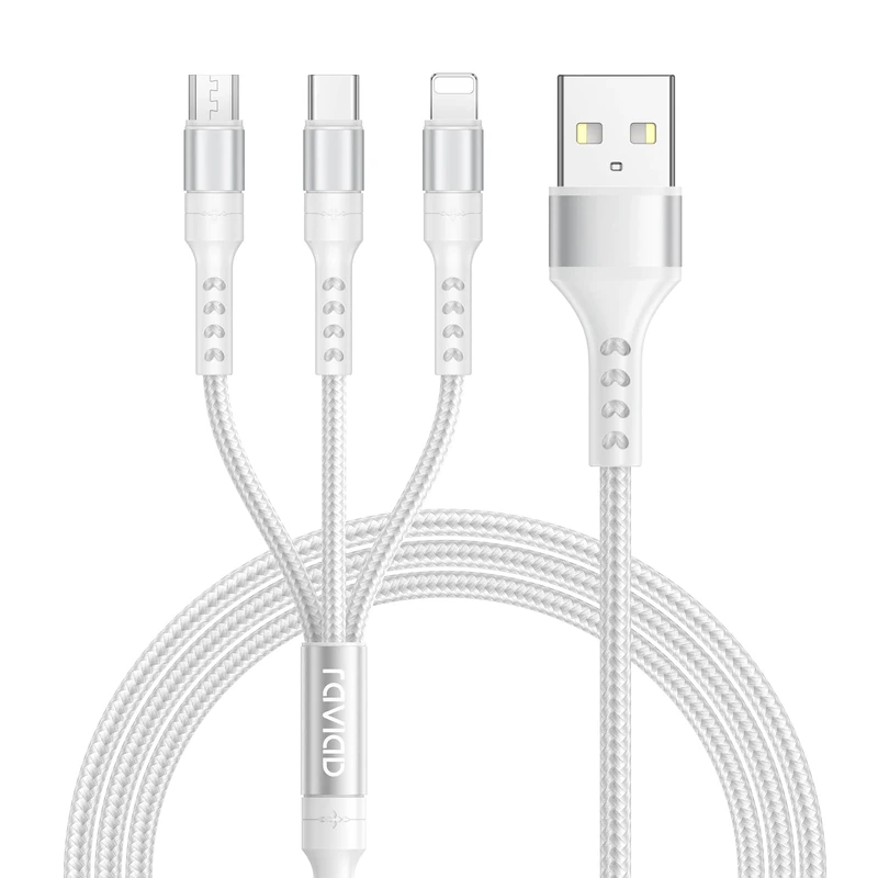 RAVIAD Multi Charger Cable, 3 in 1 Charging Cable (1.2M) Multiple USB Cable Nylon Braided with Micro USB Type C Lightning Cable Connector for Android Samsung Galaxy, Huawei, Nokia, Kindle, LG, Silver