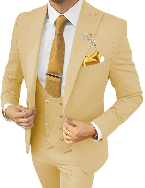 Wangyue Men's Suits 3 Piece Slim Fit Suits for Men Double Breasted Suit Men Business Wedding Prom Tuxedo Suit, Champagne, XL