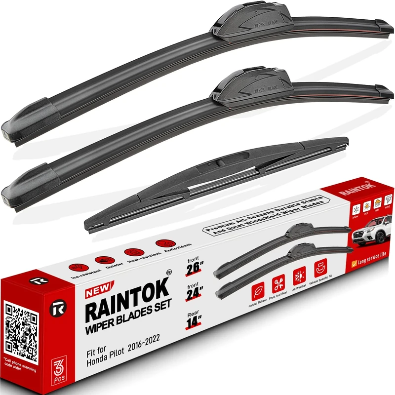 RAINTOK Windshield Wiper Blade Set Replacement for 2016-2022 Honda Pilot and Rear Windshield Wiper Blade-26"/24"/14" (Set of 3) U/J HOOK