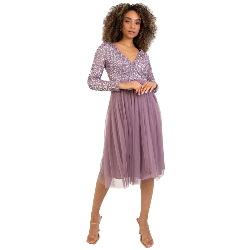 Maya Deluxe Midi Elegant Wedding Sleeves Deep V Neck Sequins Cocktail Dress Prom Bridesmaid Dress, Moody Lilac, 16
