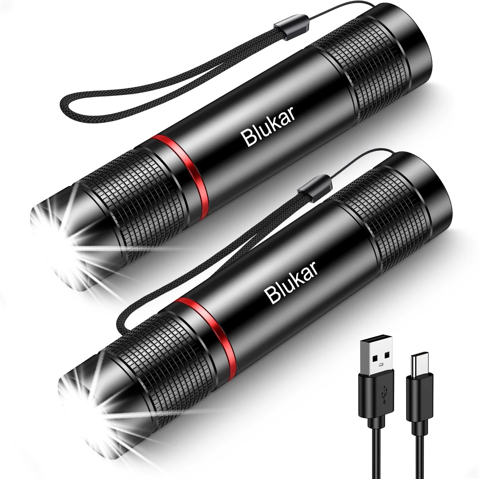 Blukar LED Torch Rechargeable, [2 Pack] 2000L Super Bright Adjustable Focus Flashlight, 4 Lighting Modes, Long Battery Life, Waterproof Pocket Size Torch for Power Cuts, Emergency, Camping, Outdoor