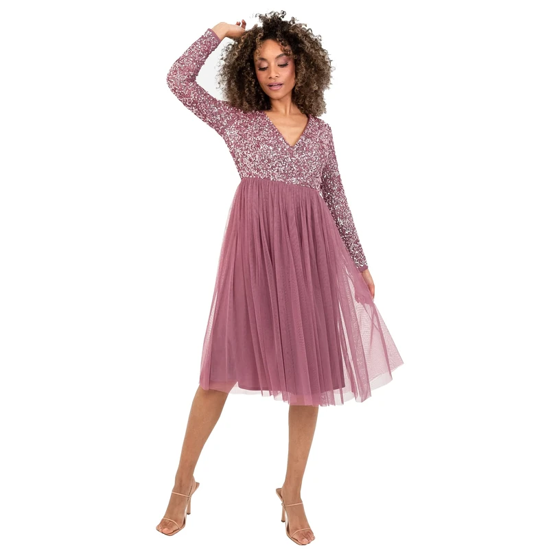 Maya Deluxe Womens Ladies Wedding Guest Midi Dress Long Sleeve Plunging Neckline V Neck Sequin Embellished Prom Graduation Bride Desert Rose Size 10