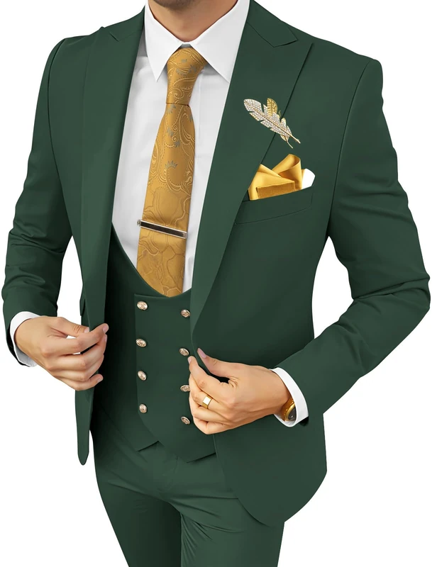 Wangyue Men's Suits 3 Piece Slim Fit Suits for Men Double Breasted Suit Men Business Wedding Prom Tuxedo Suit, Green, L