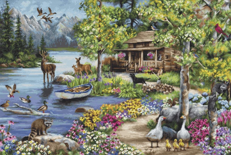 Luca-S Cross Stitch Kit Gold - Cabin by The Lake, B2410
