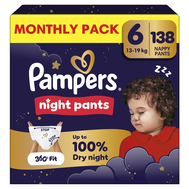 Pampers Night Nappy Pants Size 6, 138 Nappies, 13kg-19kg, Offer Extra Protection All Night Long
