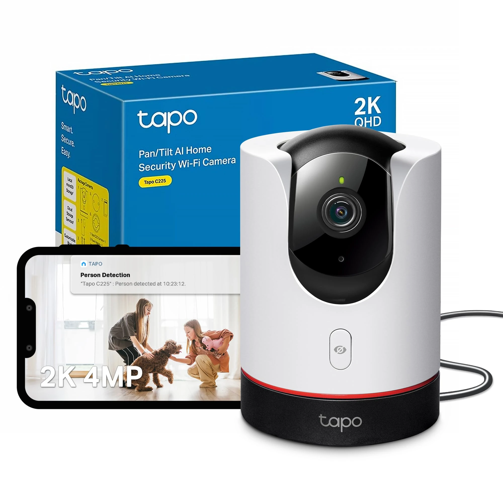 Tapo C225 2K 4MP QHD Indoor Camera, Pan/Tilt Security Camera, HDR Live View, 360°Panoramic View, CCTV Camera No Monthly Fee, AI Detection, Two-way Audio, Night Vision, Works with Alexa & Google