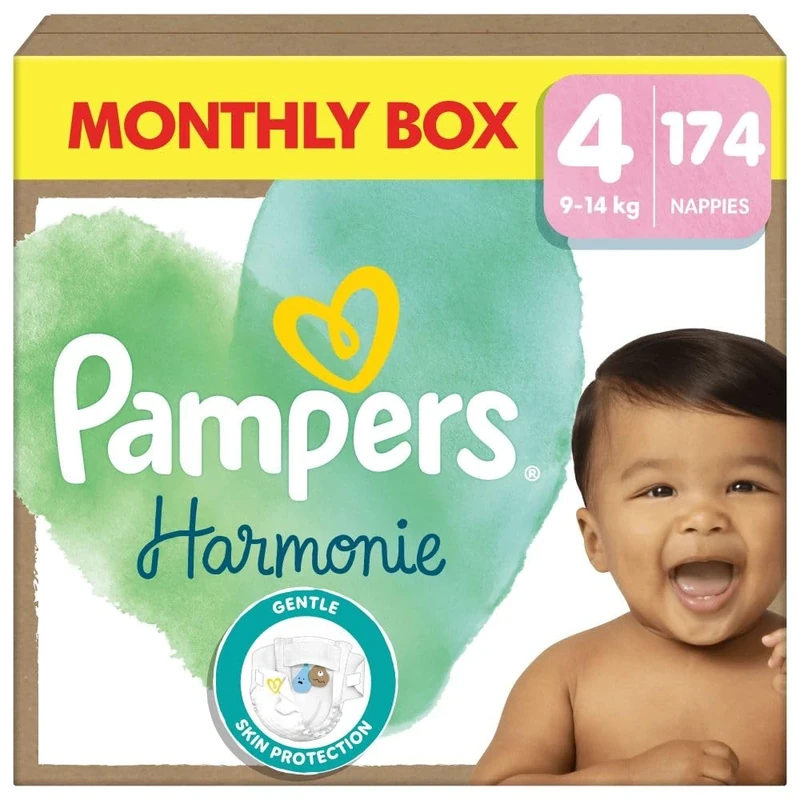 Pampers Harmonie Nappies Size 4, 174 Nappies, 9kg-14kg, Monthly Pack, Gentle Skin Protection with 100 Percent Pampers Protection