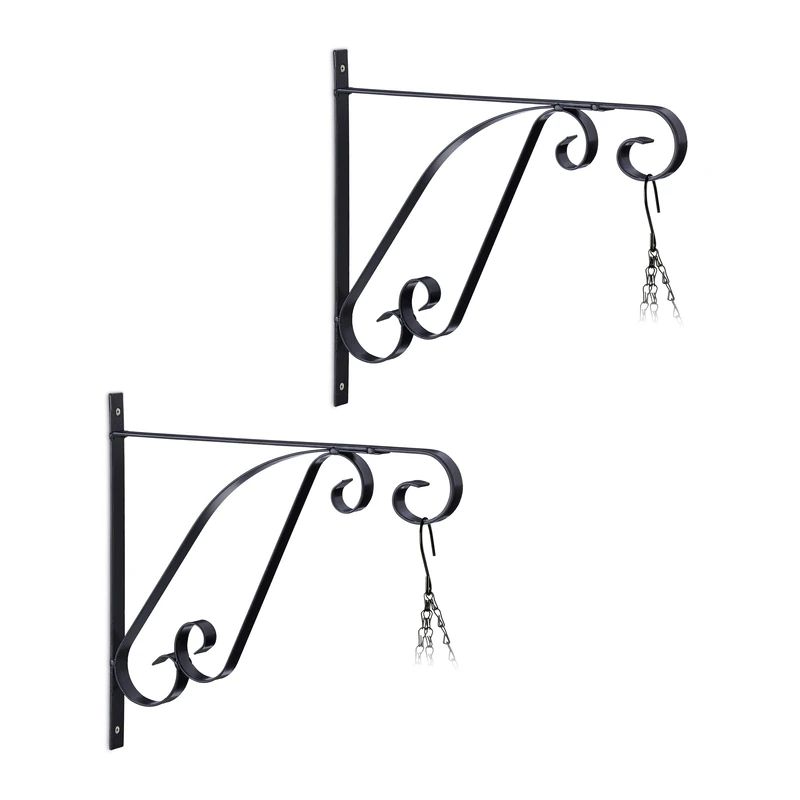 Relaxdays Hanging Basket Brackets, Set of 2, Wall-Mounted Hooks, 28 x 30 x 2 cm, Flower & Plant Pot Hanger, Iron, Black