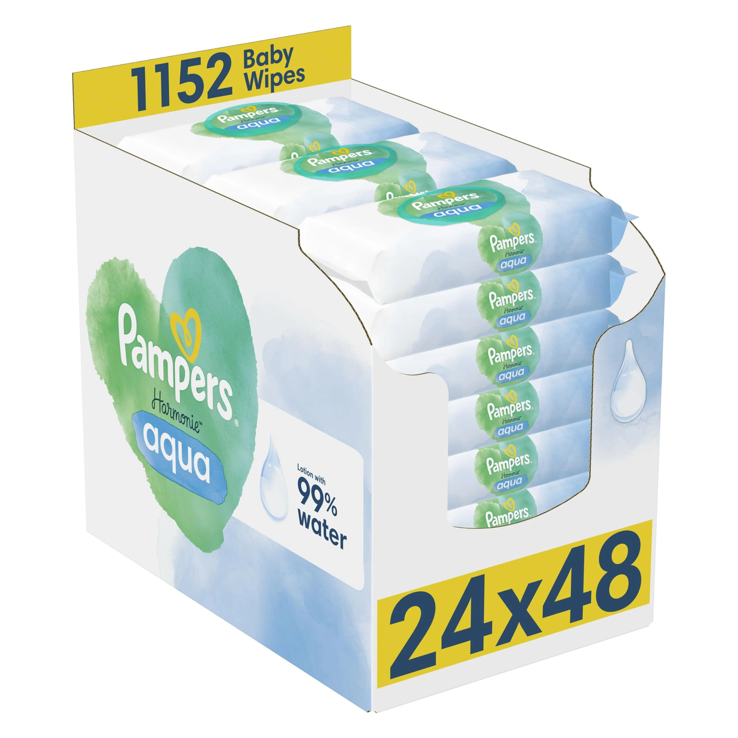 Pampers Harmonie Aqua Baby Wipes Plastic Free 24 Packs of 48 Wipes, 1152 Baby Wet Wipes, Help restore natural skin pH, Delicate lotion with 99 percent water