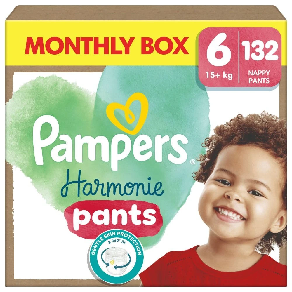 Pampers Harmonie Nappy Pants Size 6, 132 Nappies, 15kg+, Monthly Pack, Gentle Skin Protection and 360° Comfort Fit