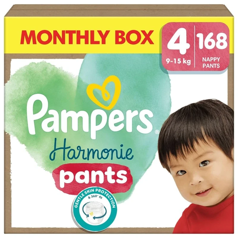Pampers Harmonie Nappy Pants Size 4, 168 Nappies, 9kg-15kg, Monthly Pack, Gentle Skin Protection and 360° Comfort Fit