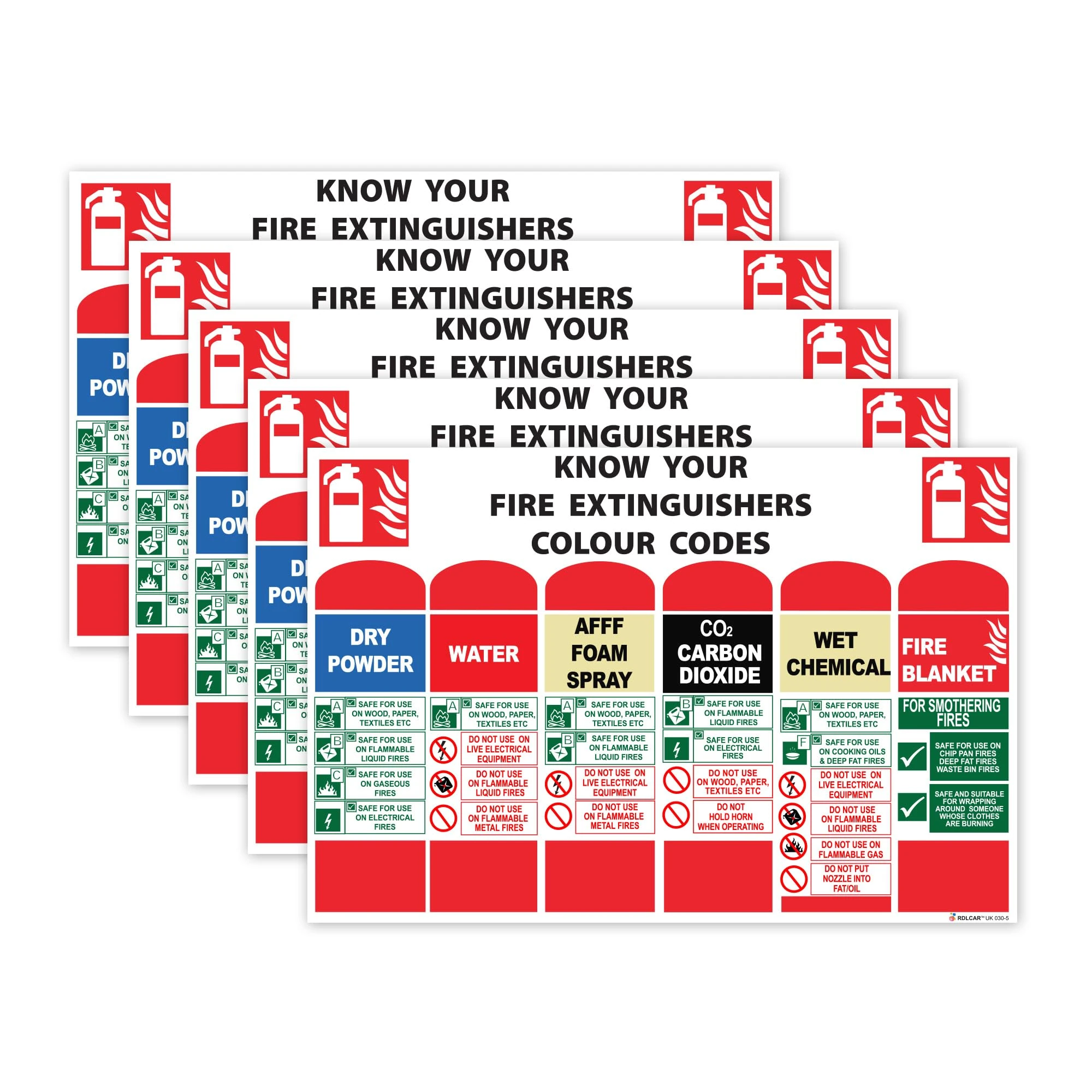 RDLCAR Know Your Fire Extinguisher Signs 1mm Rigid PVC Pack of 5 Comprehensive 200mm x 300mm Safety Signage for Emergency Preparedness
