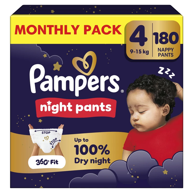 Pampers Night Nappy Pants Size 4, 180 Nappies, 9kg-15kg, Offer Extra Protection All Night Long - Image 1