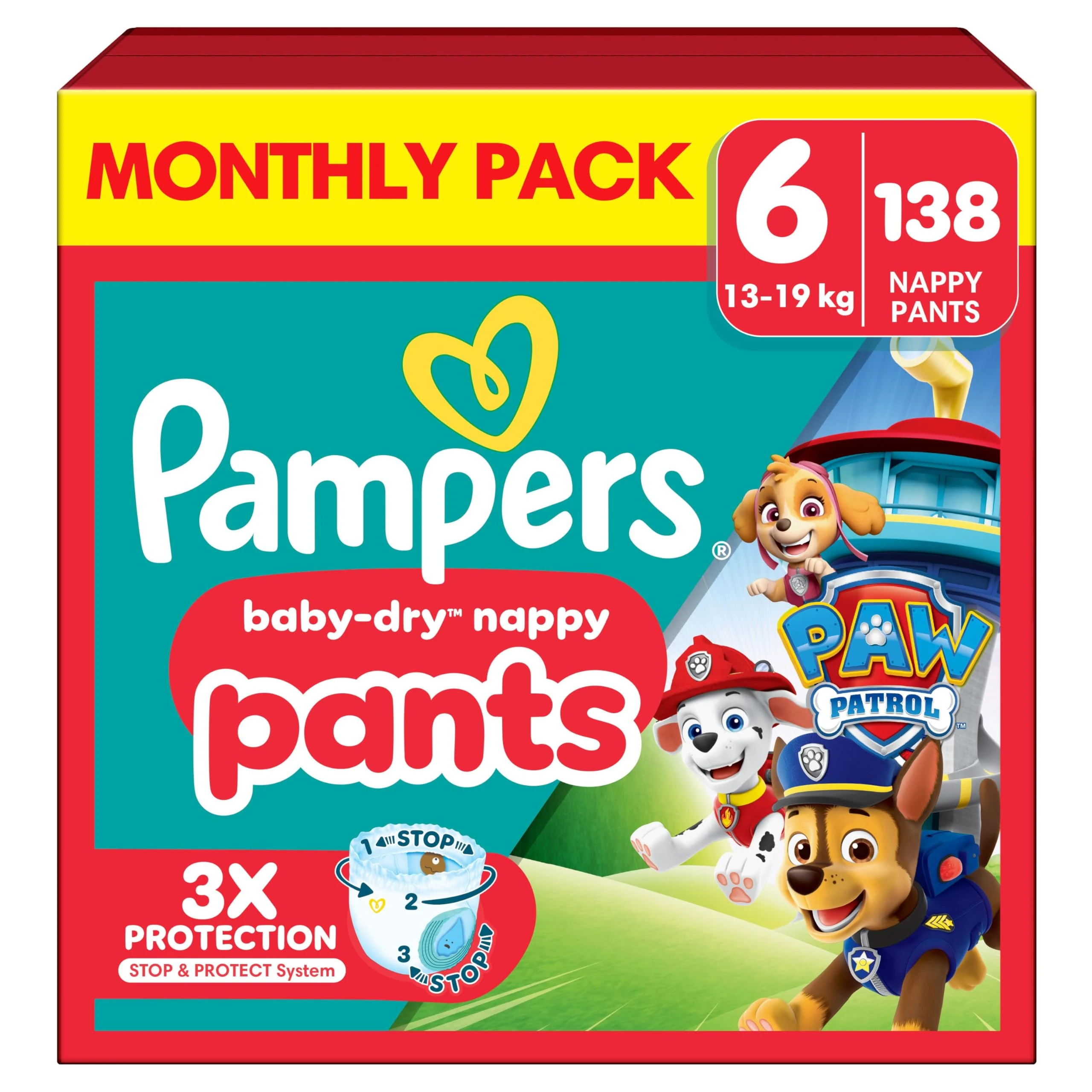 Pampers Baby-Dry Nappy Pants Paw Patrol Edition Size 6, 138 Nappies, 13kg-19kg, Monthly Pack, with Our 360° Pants Fit to Help Prevent Leaks