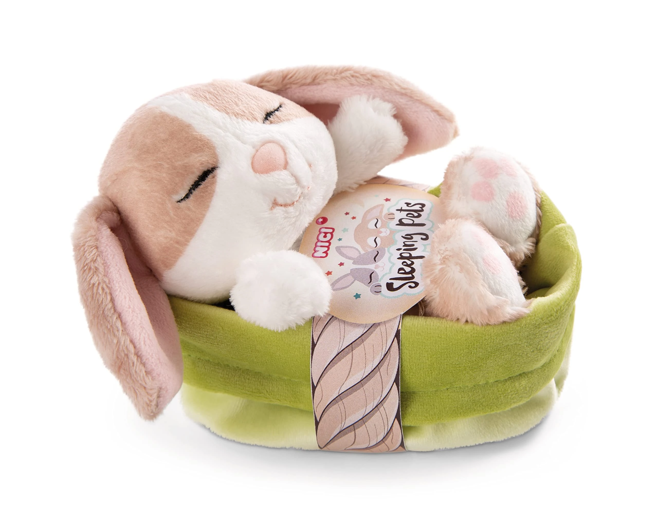 NICI Soft Toy Sleeping Pets Bunny cappuccino in green basket 12cm