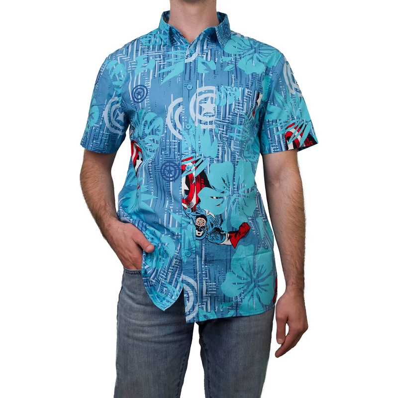 Marvel Men's Button Down Shirt, Blue/Aqua Cap Island, S - Image 1