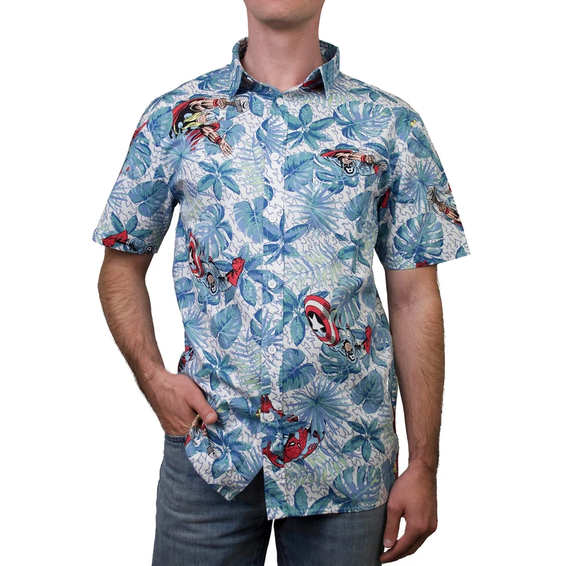 Marvel Men's Button Down Shirt, White Retro Paradise, Large - Image 1