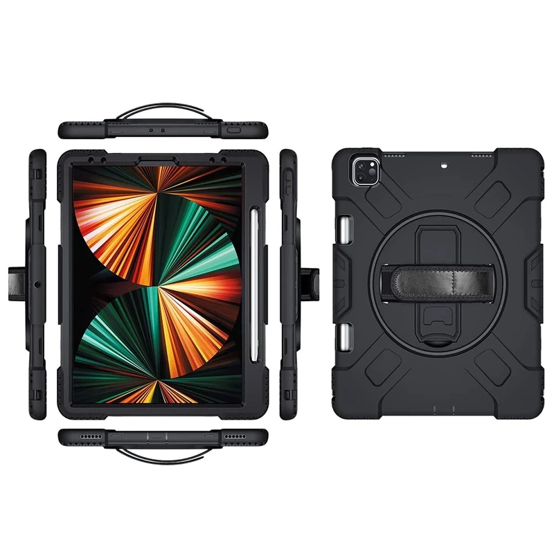 Case for iPad Pro 12.9 2018/2020/2021/2022 with 360° Rotating Disc and Armoured Case with Hand Strap, Hard and Shockproof, Black