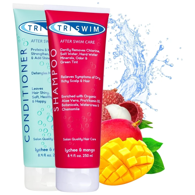TRISWIM - Chlorine Removal Hair Care Bundle, After Swim Care Shampoo and Moisturizing Conditioner, Anti-Chlorine Hair Protection For Swimmers, Removes Green Tint, Vegan & Cruelty Free (250+250 ml)