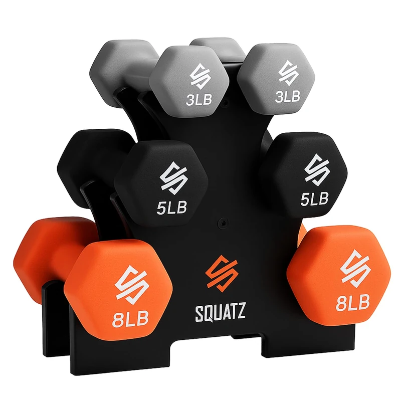 SQUATZ Dumbbells Set Hand Weights for Women, Neoprene Weights Set 1.4 kg 2.3 kg 3.6 kg with Stand – Anti-Roll Anti-Slip Grip for Home Gym, Pilates and Strength Training