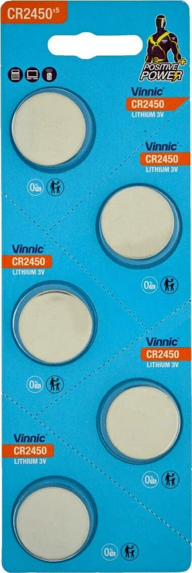 Vinnic CR2450 3V Lithium Button Cell Batteries, Most Powerful Battery, Batteries with Long Shelf Life, Pack of 5-1 Blister Card