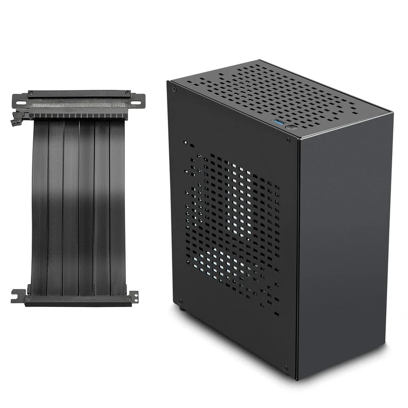 JOYJOM Aluminum Mini ITX Case With PCIe Riser - SFF Small Form Factor PC Case for Gaming, Supports GPU Graphics Card (Black)