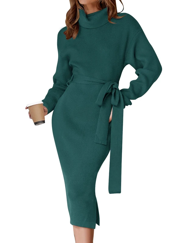 ZESICA Women's Turtleneck Sweater Midi Dress Long Sleeve Ribbed Knit Bodycon Slit Dress with Belt, ForestGreen, M