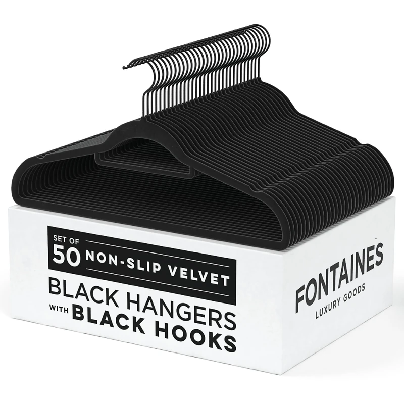 Fontaines Luxury Black/Black Velvet Non-Slip Clothes Hangers - Pack of 50 - Ultra Slim & Space Saving - Heavy Duty with 360 Degree Black Swivel Hook for Clothing, Suit, Top, (Black/Black) - Image 1