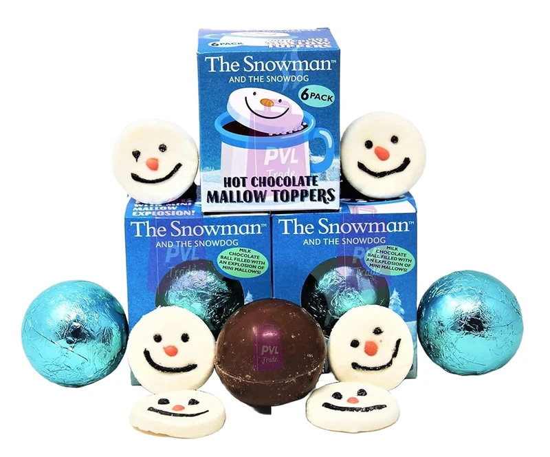 Snowman and Snowdog 2x Milk Chocolate Bomb and 1x Marshmallow Toppers Hot Chocolate Gift Set - Xmas Eve Box Festive Treat Stocking Fillers