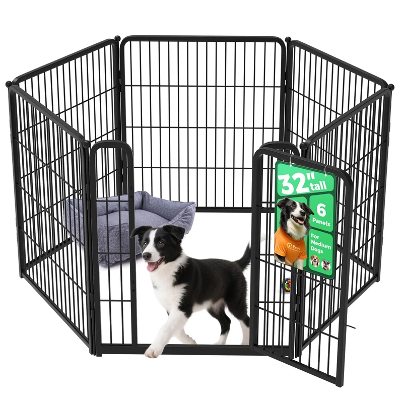 FXW Homeplus Unleashed Indoor Dog Playpen - Stress-Free and Safe Play, Heavy Duty 32 Inch 6 Wire Panels Dog Pen for Small and Medium Dogs, Black│Patented