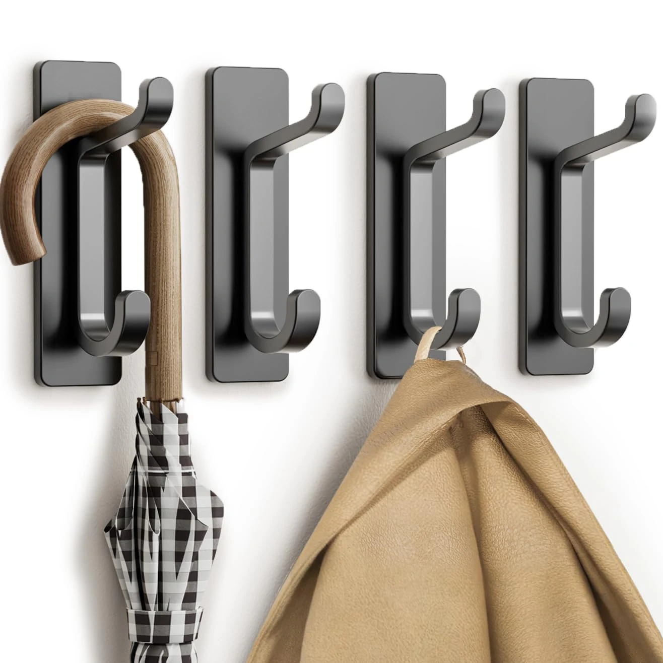 Stick on Hooks for Hanging, Extra Sticky 6KG (Max), Coat Hook on Door for Towel Coat Hat Key, Metal Stainless Heavy Duty, Self Adhesive Hangers Wall Mounted for Bathroom Shower Kitchen, Grey, 4 Pack