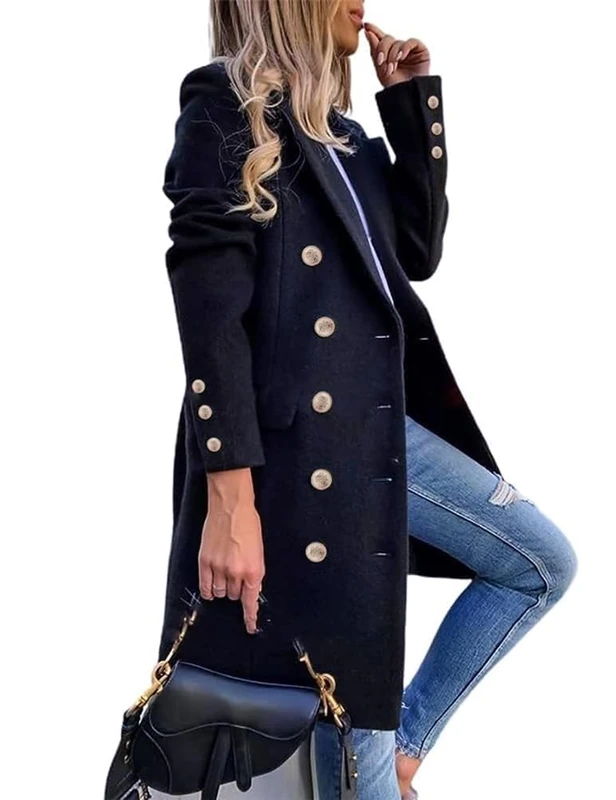 IDEALSANXUN Womens Fall Winter Wool Coats Double Breasted Midi Peacoat Trench Coats, Navy, Large