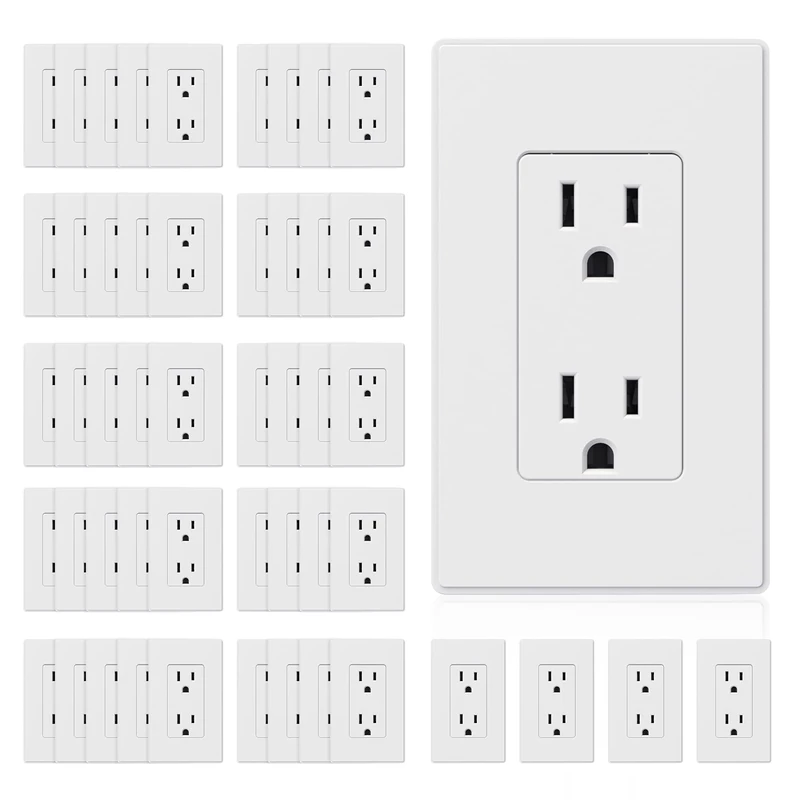 ELEGRP Matte White Standard Decorator Electrical Wall Receptacle Outlet, 15A 125V, 2 Pole 3 Wire, Non- Tamper Resistant, NEMA 5-15R, Self-Grounding, Wall Plate Included, UL Listed, 50 Pack