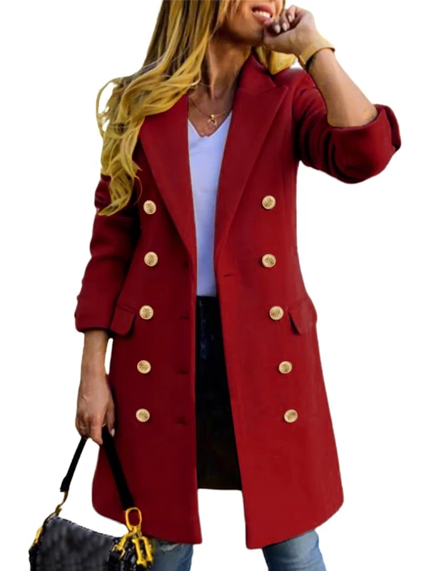 IDEALSANXUN Womens Fall Winter Wool Coats Double Breasted Midi Peacoat Trench Coats, Maple Red, XX-Large
