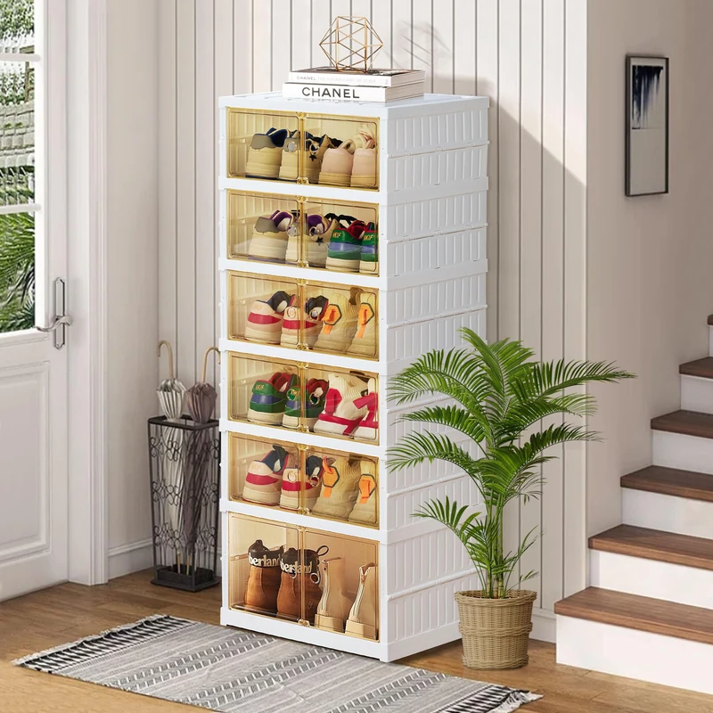 AOHMPT Shoe Box Foldable Storage Box Installation-free Clear Plastic Stackable Shoe Storage Cabinet Shoe Organizer Shoe Container Box with Lids Large Size Shoe Rack (6 layers single row)