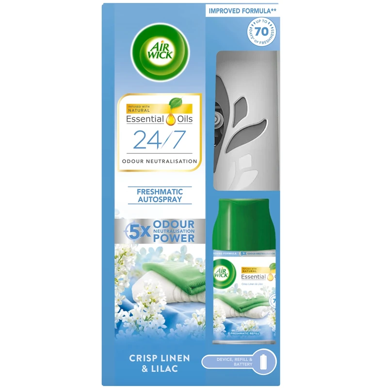 Air Wick Automatic Air Freshener Freshmatic Spray Kit, Cirsp Linen & Lilac, 1 Gadget & 1 Refills (250ml), Natural Essential Oils, Last up to 70 Days, Air freshener