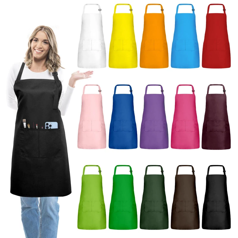 IMERAGO 15 Pcs Adult Aprons Bulk with Pockets Adjustable Bib Chef Apron for Women Men Painting Cooking Crafting (Multicolor, S/L), L (Waist 30'' to 45''), Large