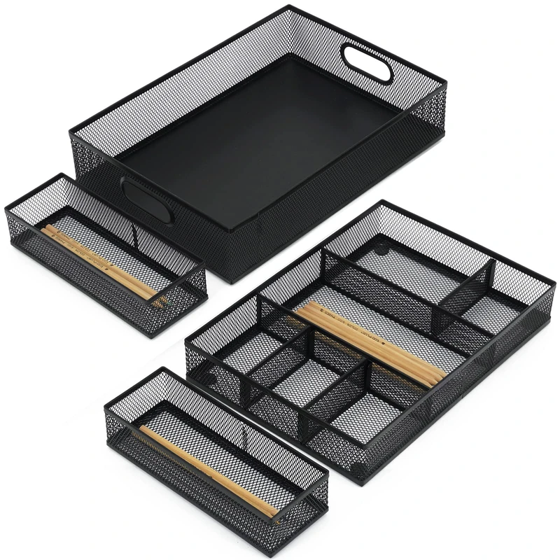 Neudeco Drawer Organizer with Two Adjustable Dividers,Mesh Desk Drawer Organizer Tray-Stackable, Metal Desktop Storage Tray Office File Organizer with Handle.(Pack 4,Black)