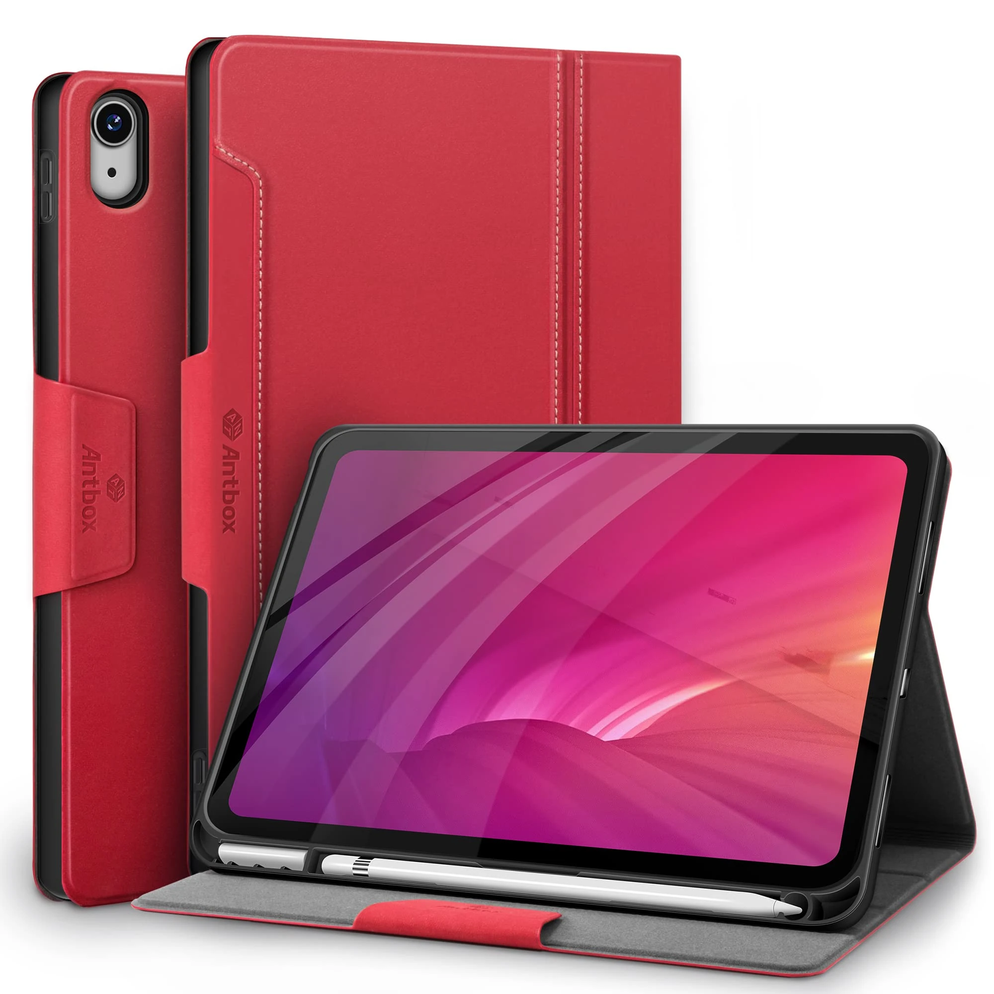 Antbox Case for iPad (A16) 11th Generation 11'' 2025/ iPad 10th Generation 10.9'' 2022 with Built-in Pencil Holder Auto Sleep/Wake Function PU Leather Smart Cover (Red)