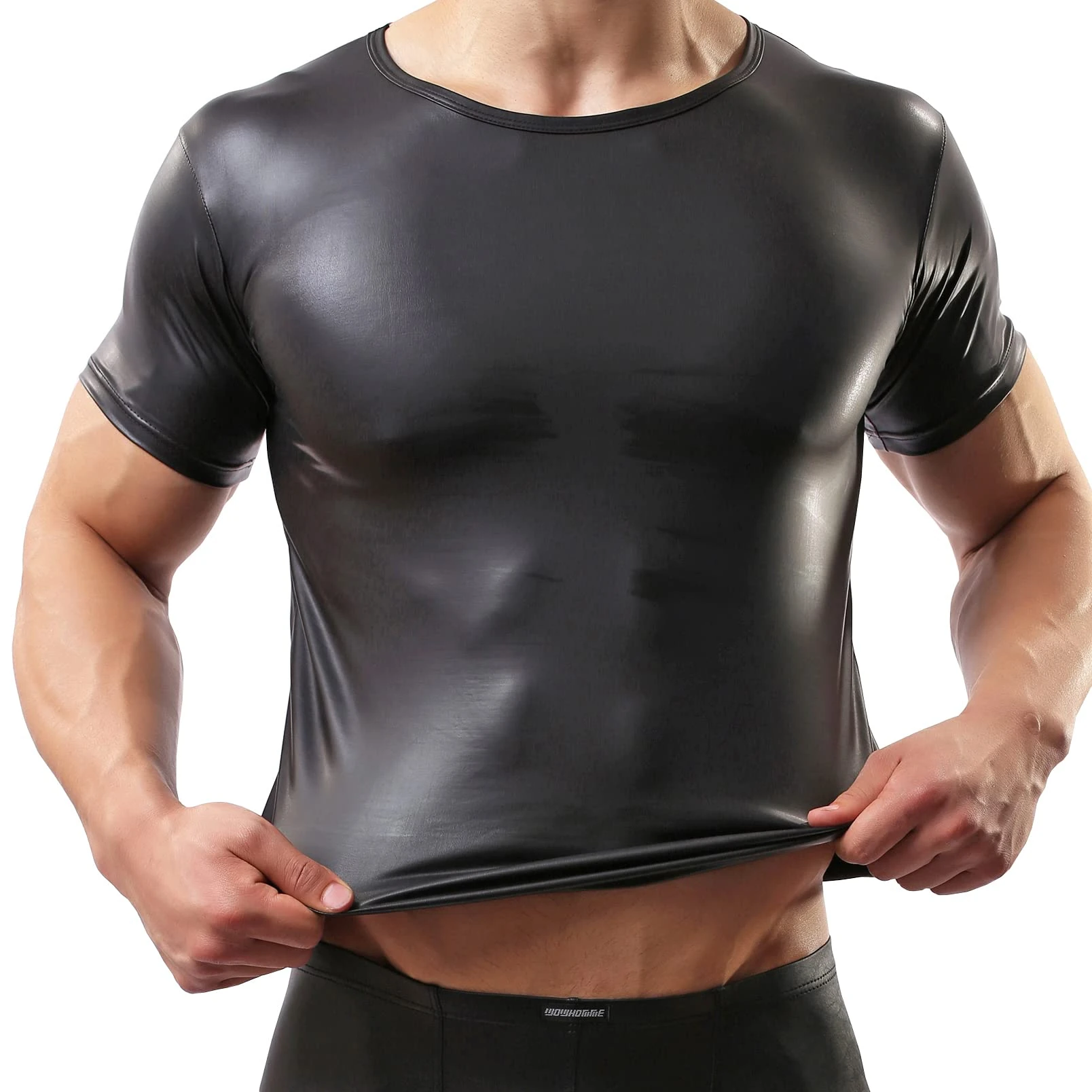 Drelaar Men's Short Sleeve Faux Leather T-Shirt Crewneck Undershirt Small Black