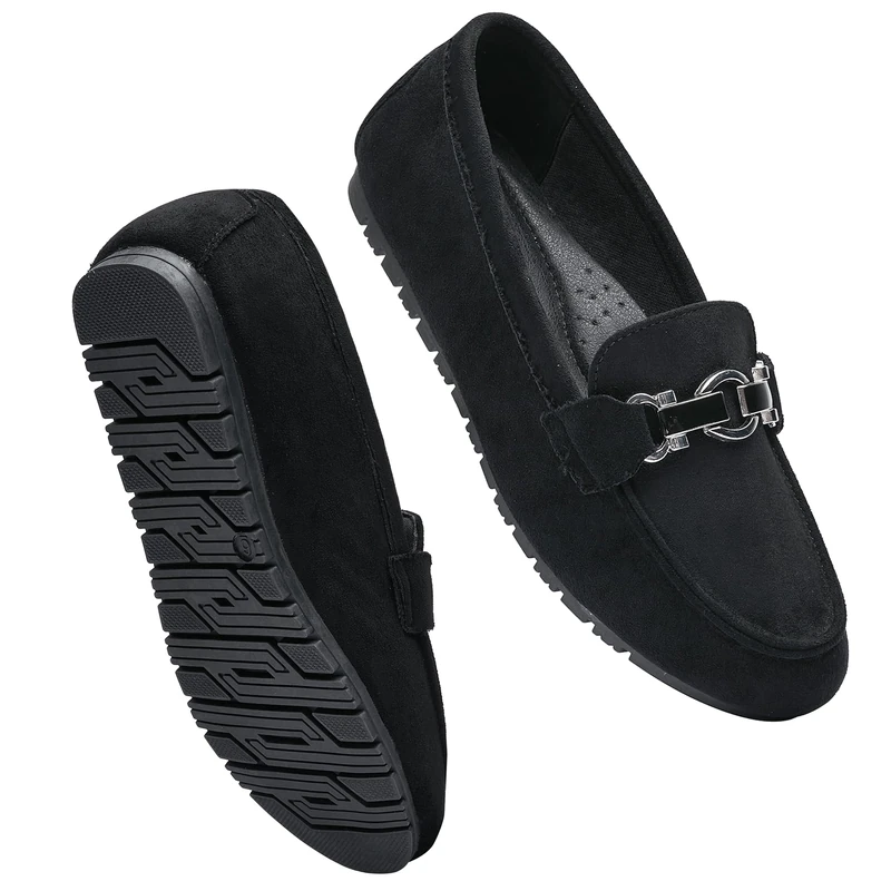 VERDASCO Loafers for Women Casual Flat Moccasins Shoes Comfort Driving Work Shoes Penny Loafers for Women Dressy Shoes, Black Suede, 7.5 Wide