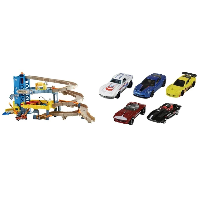 Matchbox Cars Playset | 4-Level Toy Garage with Track Play | Kid-Powered Elevator | Spiral Ramp | With 1 Tow Truck, CJM67 & Hot Wheels 5-Car Pack of 1:64 Scale Vehicles, 1806